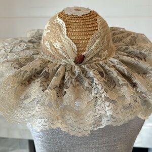 Handmade Ivory Lacey Acorn Adorned Straw Hat